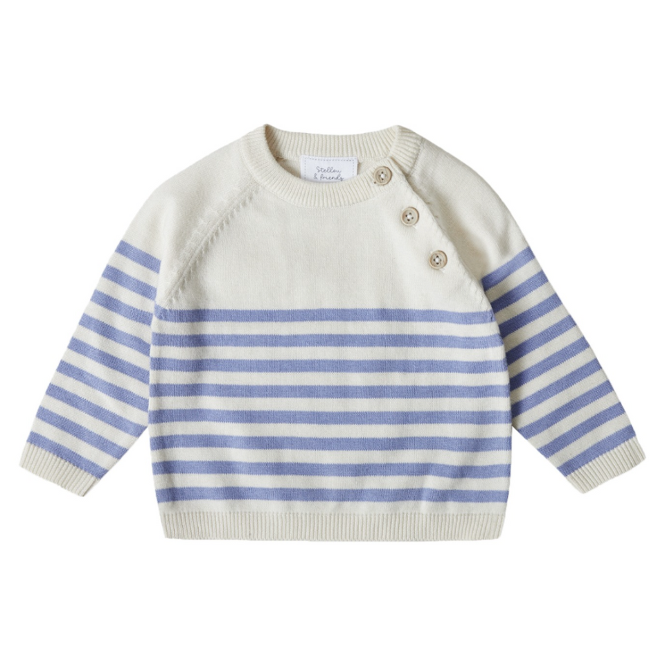 Stellou & Friends 100% Cotton Knit Striped Baby Toddler Boys Girls Long Sleeve Sweater with Shoulder Button Closure (Birth - 4 years)