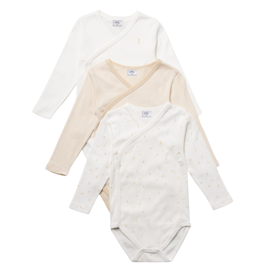 Stellou & Friends Cotton Crossbody Long Sleeve Onesies - 3 pack of Bodysuits for Babies