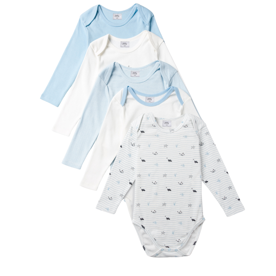 Stellou & Friends Baby Cotton Long Sleeve Onesies - 5 pack of Soft Blue and White Bodysuits for Babies