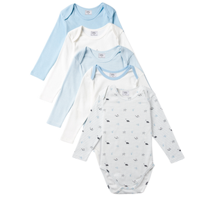 Stellou & Friends Baby Cotton Long Sleeve Onesies - 5 pack of Soft Blue and White Bodysuits for Babies